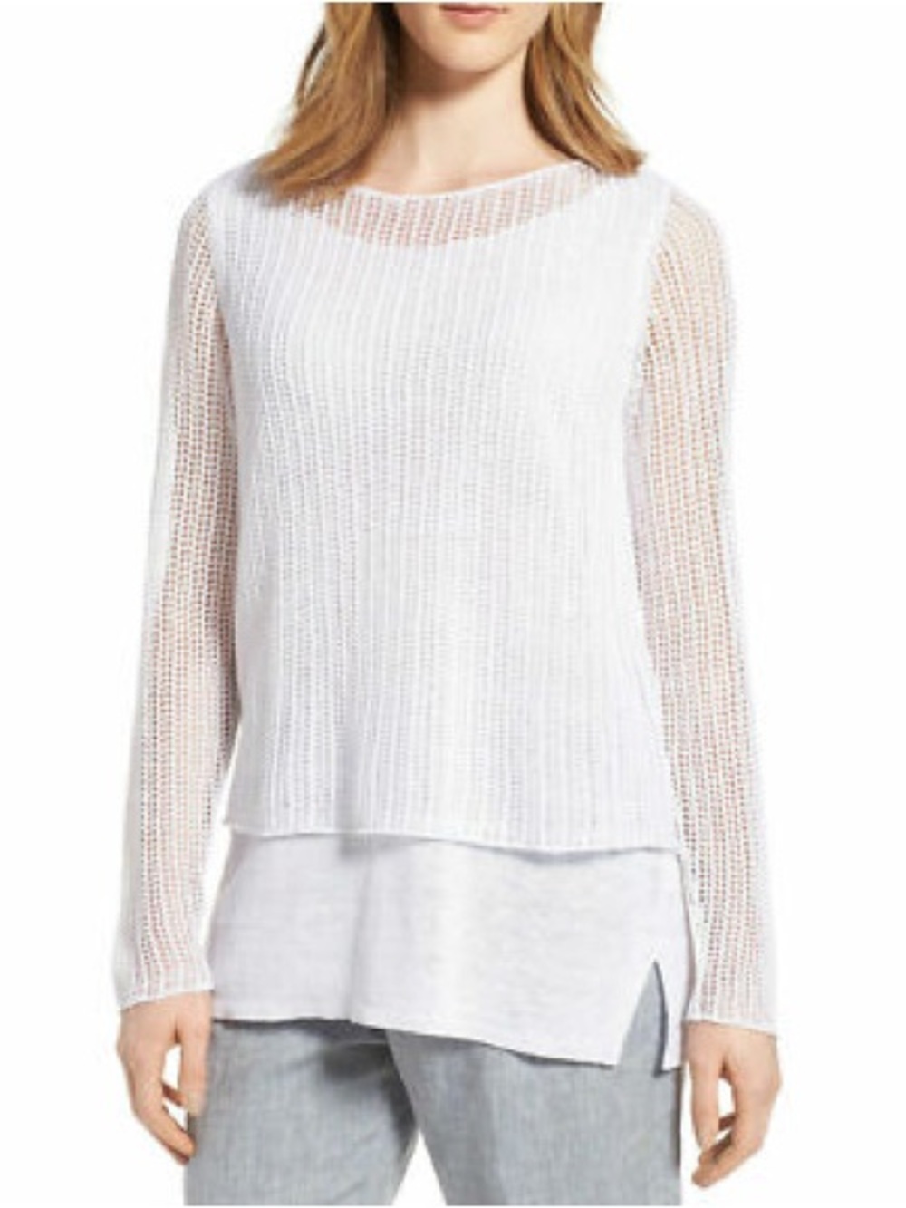 Eileen Fisher White Linen Knit Overlay Tiered Layered Sweater - Size L - NWOT